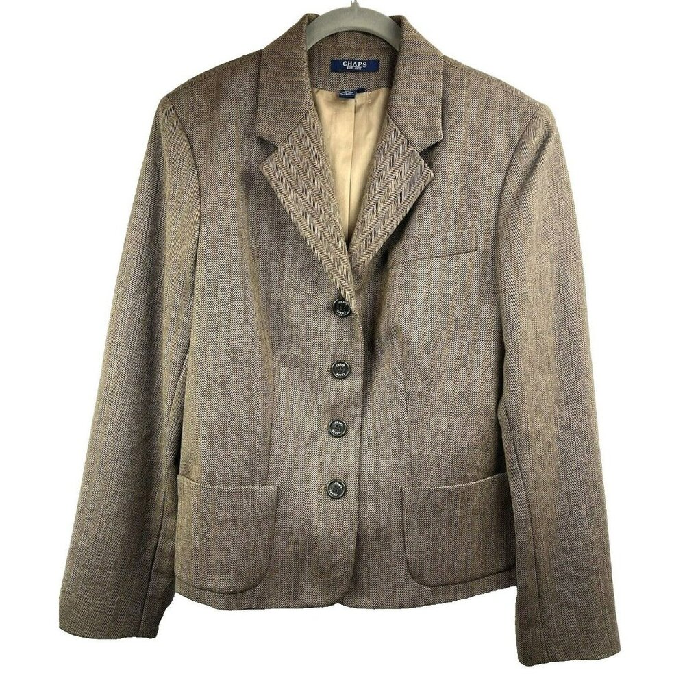 Chaps Women's Wool Blazer Size 12 Brown Four Button Single Breasted Career Work
